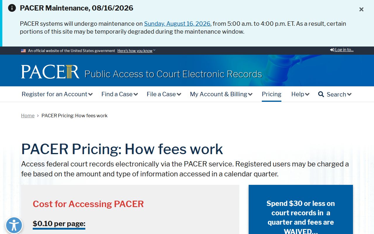 St. Paul court docket official federal PACER fee schedule